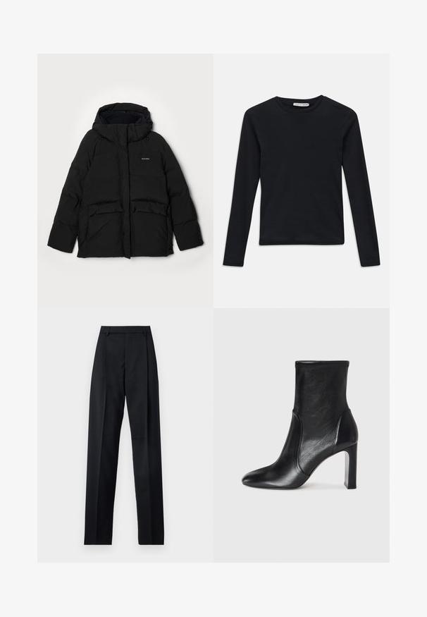 Juodas pūkinis švarkas su kapišonu, turintis priekinį užtrauktuką, dvi dideles kišenes su atlapais ir "Halteweiler" logotipą kairėje pusėje. Minkštas audinys.; Juoda ilga rankovė, apvaliu kaklu, prigludusi, vienspalvė, su mažyte etiketė "Tiger of Sweden" ant apykaklės vidinės pusės.; Juodos kelnės iš lygaus audinio, pasižyminčios aukštu liemeniu, plačiomis kojomis, priekinėmis klostėmis ir klasikiais diržo kilpomis. Šoninių kišenių nematyti.; Juodas odinis kulkšninis botas su elegantišku dizainu, smailiu pirštu ir aukštu blokiniu kulnu. Su lygiu paviršiumi ir minimalistišku siuvimo detaile.