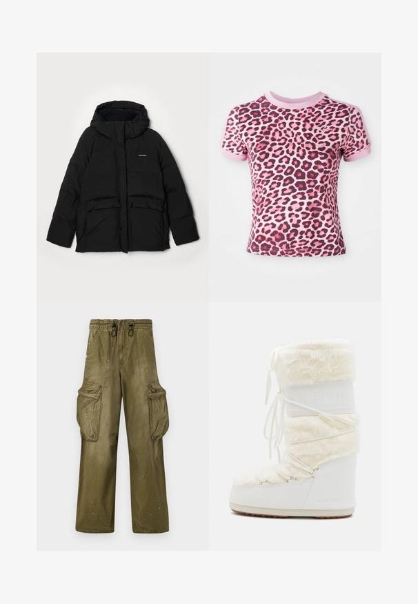 Black puffer jacket with a hood, featuring a front zipper, two large flap pockets, and "Halteweiler" logo on the left side. Soft texture.; Pink leopard print t-shirt with short sleeves, featuring a rounded neckline and contrasting pink cuffs, made from soft, stretchy material.; Olive green cargo pants with a relaxed fit, elastic waistband, drawstring, two side pockets, and two large cargo pockets. Light distressing.; White Moon Boot with faux fur upper, lace-up front, and rubber sole. Textured finish and embossed logo on side. Chunky, padded design.