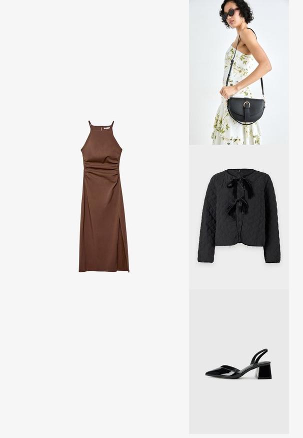 Czarna pikowana kurtka z długimi rękawami, okrągłym dekoltem i dwoma aksamitnymi kokardami z przodu jako detale zapięcia.; Stradivarius - Sukienka etui; Czarne lakierowane półbuty na obcasie z wydłużonym noskiem i geometrycznym słupkiem. Charakteryzują się eleganckim, minimalistycznym designem oraz gładką fakturą.; Czarna skórzana torebka o zakrzywionym kształcie, z odpinanym paskiem i złotymi akcentami. Torebka posiada klapę z zapięciem w kształcie klamry.