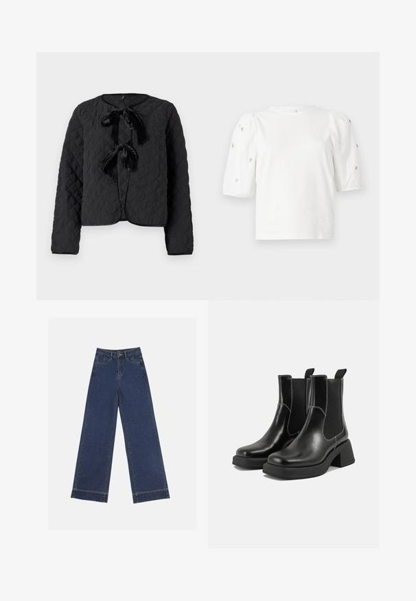Melnā kviltētā jaka ar garām piedurknēm, apļveida kakla izgriezumu un divām priekšējām samta lentītēm kā aizdares detaļām.; Balta kokvilnas t-kreklu ar īsām puff piedurknēm, ar nelieliem sudraba rotājumiem gar piedurknēm. Klasisks apaļš izgriezums, brīvā piegriezuma.; Platās kājas džinsi tumši zilā denima krāsā. Iespējas: piecas kabatas, siksnu cilpas un neapstrādāta apakša ar redzamām šuvju detaļām.; Melni ādas Čelsijas zābaki ar masīvu papēdi, elastīgām sānu panelēm un kontrastējošu balto šuvumu. Teksturēts apdare.