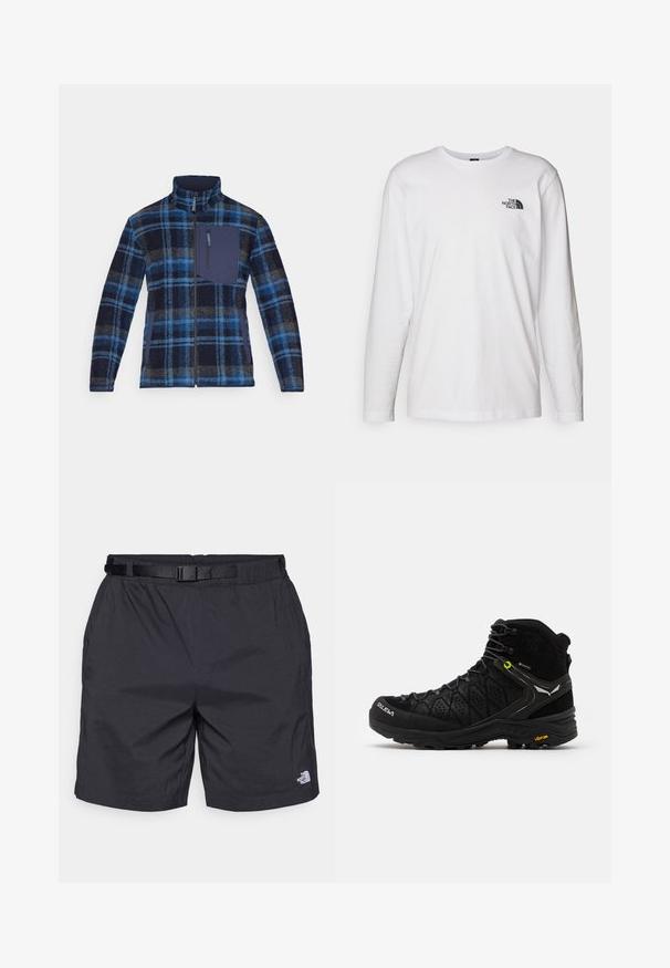 Giacca in micropile con motivo a quadri blu e navy, zip completa, colletto alto e taschino sul petto con tessuto di accento navy.; T-shirt bianco a maniche lunghe in cotone con colletto rotondo. Presenta un piccolo logo nero sul petto. Texture liscia, vestibilità regolare.; Pantaloni corti neri leggeri con una vestibilità comoda, dotati di una cintura regolabile, tasche laterali e il logo The North Face sulla parte inferiore della gamba destra.; Stivale da escursionismo nero con parte superiore testurizzata, punta rinforzata e suola Vibram. Il sistema di allacciatura comprende ganci per una vestibilità sicura.
