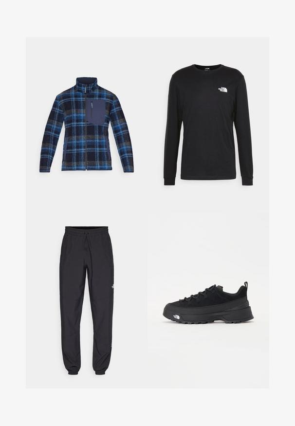 Fleece jacket featuring blue and navy check pattern, full zip, high collar, and a chest pocket with a navy accent fabric.; Black long-sleeve t-shirt made of cotton, featuring a white logo on the left chest and ribbed cuffs. Smooth texture with a crew neckline.; Black athletic pants made from lightweight fabric, featuring a drawstring waistband, side pockets, and tapered cuffs at the ankles.; Black outdoor sneaker with a suede upper, textured rubber sole, and sturdy lacing system. Features a reinforced heel and brand logo on the side.