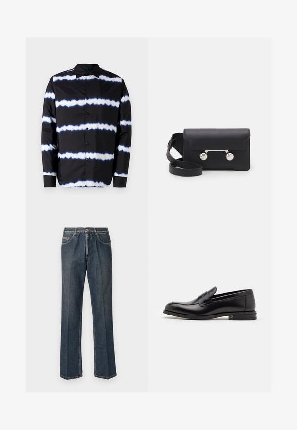 Fekete gombos ing, fehér és kék batikolt vízszintes csíkokkal, elterült gallérral és hosszú ujjakkal, sima textílből készült.; Krém színű kötött pulóver, póló gallérral, bordás mandzsettákkal és szegéllyel, elülső gomboló pánttal és puha tapintással.; Sötétkék egyenes szárú farmernadrág elülső gombbal, cipzáros behúzással, dupla elülső zsebekkel és lábszárakon látható függőleges ráncokkal.; Fekete bőr loaferek sima textúrával, kerek orral és dekoratív pánttal a vampnál. Alacsony, rétegelt sarkú, minimalista dizájn.; Fekete bőr keresztpántos táska hajtókával, ezüst színű kiegészítőkkel és két kerek díszítéssel. Levehető pánttal rendelkezik. Simább textúrájú.