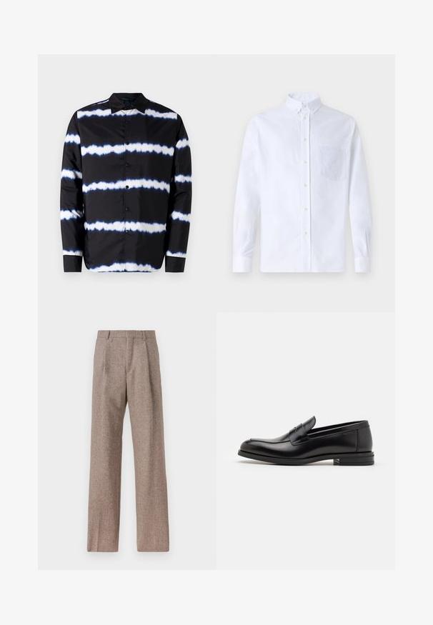 Czarna koszula na guziki z białymi i niebieskimi poziomymi paskami tie-dye, z kołnierzem typu spread i długimi rękawami, wykonana z gładkiego materiału.; Biała koszula z długim rękawem na guziki, wykonana z bawełny, z kieszonką na piersi z tonowym haftem, kołnierzykiem i zapięciem na guziki przy mankietach.; Brązowe, wysokiej talii spodnie wykonane z teksturowanej tkaniny. Posiadają szerokie nogawki i dwa przednie zakładki dla lepszej struktury. Starannie wykończone, bez widocznych elementów metalowych.; Czarne skórzane mokasyny o gładkiej fakturze, zaokrąglonym nosku i dekoracyjnym pasku na przodzie. Niski, warstwowy obcas, minimalistyczny design.