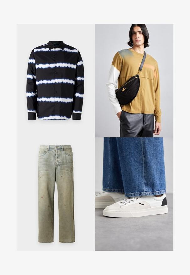 Black button-up shirt with white and blue tie-dye horizontal stripes, featuring a spread collar and long sleeves, crafted from smooth fabric.; Navy blue cotton T-shirt, short sleeves, crew neckline, features a textured logo design across the chest in a lighter shade.; Distressed denim jeans in light green, featuring a straight leg, five-pocket design, and uneven fading with paint splatters.; White and black sneakers with a smooth leather upper, textured accents, and a chunky white sole. Features a classic lace-up design.; Vivienne Westwood CITY BUMBAG UNISEX - Bum bag - black