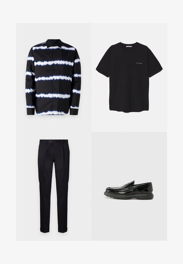 Fekete gombos ing, fehér és kék batikolt vízszintes csíkokkal, elterült gallérral és hosszú ujjakkal, sima textílből készült.; Fekete pamut T-shirt kerek nyakkivágással, rövid ujjakkal, és fehér logónyomattal a bal mellrészen. Egyszerű, egyszínű dizájn.; Fekete, testreszabott nadrág sima anyagból, lapos elejű, két elülső redővel és cuffolt szegéllyel, amely tiszta, strukturált megjelenést kölcsönöz.; Fekete bőr loafer, fényes felülettel, kerek orral, diszkrét varrási részletekkel és vastag gumitalppal a tartósság érdekében.