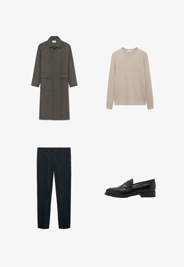 Dlhý, šedý kabát s houndstooth vzorom, s golierom, raglánovými rukávmi a dvoma prednými vreckami. Tkanina má štruktúrovaný povrch a zapínanie na gombík pri krku.; Béžový rebrovaný pletený sveter s okrúhlym výstrihom, dlhými rukávmi a rovnom spodným okrajom. Mäkká textúra a neutrálny odtieň vhodný na vrstvenie.; Biela košeľa s dlhým rukávom a klasickým golierom, s hladkou textúrou a siedmimi gombíkmi na prednej strane.; Čierne nohavice vyrobené z hladkej tkaniny, so strihaním do rovna, dvoma prednými vreckami a prispôsobeným pásom s pútkami na opasok.; Čierne kožené mokasíny s prešitým predným dielom a plochým opätkom. Hladký povrch s guľatou špičkou a dekoračným pásom cez nárt.