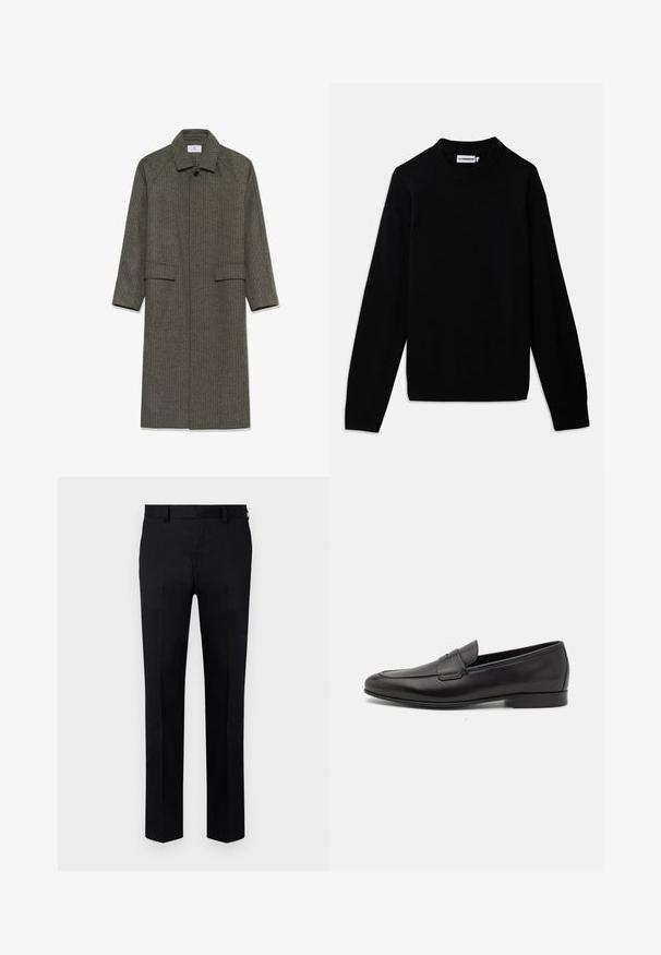 Abrigo largo de espiga gris con cuello, mangas raglán y dos bolsillos frontales. La tela tiene un acabado texturizado y un cierre de botón en el cuello.; Suéter negro con cuello redondo acanalado, mangas largas y un patrón de punto texturizado. Sin logotipos ni adornos visibles.; Pantalones negros hechos de tejido suave, con un diseño de pierna recta, pliegue frontal y cinturilla con presillas para cinturón. Sin patrones o acentos visibles.; Mocasín negro de cuero para hombres con un tacón bajo y un diseño clásico de cinta para monedas, mostrado en perfil lateral sobre un fondo blanco.