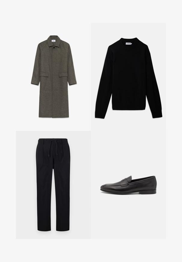 Dlouhý šedý kabát s houndstooth vzorem, s límcem, raglánovými rukávy a dvěma předními kapsami. Materiál má texturovaný povrch a zapínání na knoflík u krku.; Černý svetr s žebrovaným kulatým výstřihem, dlouhými rukávy a texturovaným pleteným vzorem. Žádné viditelné logo ani ozdoby.; Černé kalhoty z hladkého materiálu, s pasem na šňůrku, rovnými nohavicemi a předními záhyby pro strukturovaný vzhled.; Černé kožené pánské mokasíny s nízkým podpatkem a klasickým designem se sponou, zobrazené v bočním profilu na bílém pozadí.