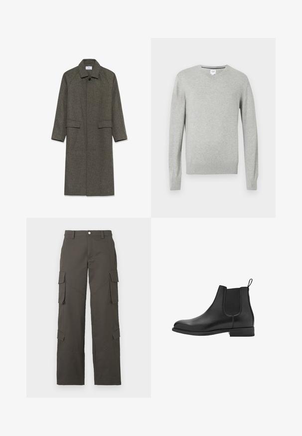 Lang, grå hørtrøje med krave, raglanærmer og to forlommer. Stoffet har en struktureret overflade og en knaplukning ved halsen.; Lys grå sweater med v-hals-design, lange ærmer, ribbede manchetter og kant, blød tekstur. Mærkelabel placeret ved halsudskæringen.; Hvid bomulds t-shirt med rund hals, korte ærmer og en afslappet pasform. Glat tekstur, ingen mønstre eller udsmykninger.; Mørkegrå straight-leg cargo bukser med knaplukning og fire klaplommer, to på lårene og to nær læggene.; Sorte læder chelsea støvler med elastiske sidepaneler, afrundet tå og en lav blok hæl. Glat tekstur og rent, minimalistisk design.