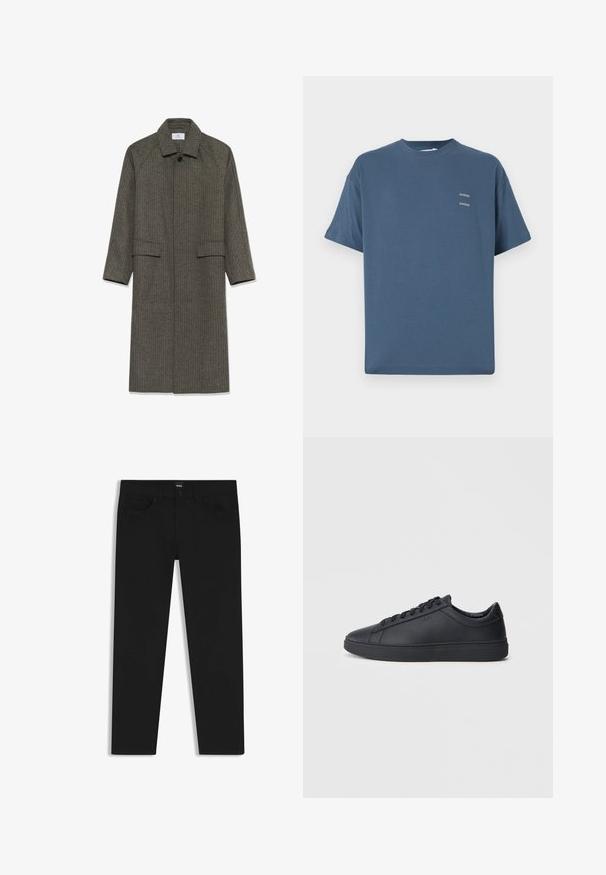 Long, gray houndstooth coat with a collar, raglan sleeves, and two front pockets. Fabric has a textured finish and a button closure at the neck.; Blue cotton t-shirt with a classic crew neck, short sleeves, relaxed fit, and two small printed logos on the chest. Smooth texture.; Black denim trousers with a straight cut, featuring a standard waistband, five pockets, and a button closure. Smooth texture throughout.; Black sneakers made of smooth leather with a low-top design, round toe, and flat rubber sole. Features laces and subtle branding.