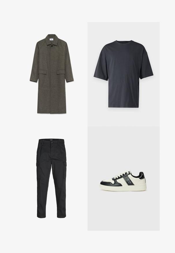 Ilgas, pilkas šuo-žakardo paltas su apykakle, raglan tipo rankovėmis ir dviem priekinių kišenių. Medžiaga turi tekstūruotą paviršių ir sagčių uždarymą ties kaklu.; Tamsiai pilkas trumpas rankovėmis marškinėliai, pagaminti iš lengvos medvilnės, su laisvu kirpimu ir klasikinės apvalios iškirptės dizainu, be raštų ir su vientisu paviršiumi.; Juodi krovinių tipo džinsai, pagaminti iš tvirto audinio, su keliais kišeniais, mygtuko uždarymu ir siauru, prigludusiu dizainu su siaurėjančiomis kojomis.; Odiniai sportbačiai juodos ir kreminės spalvų schemoje, su perforuotais akcentais, paminkštinta apykakle ir tekstūruotu padu.