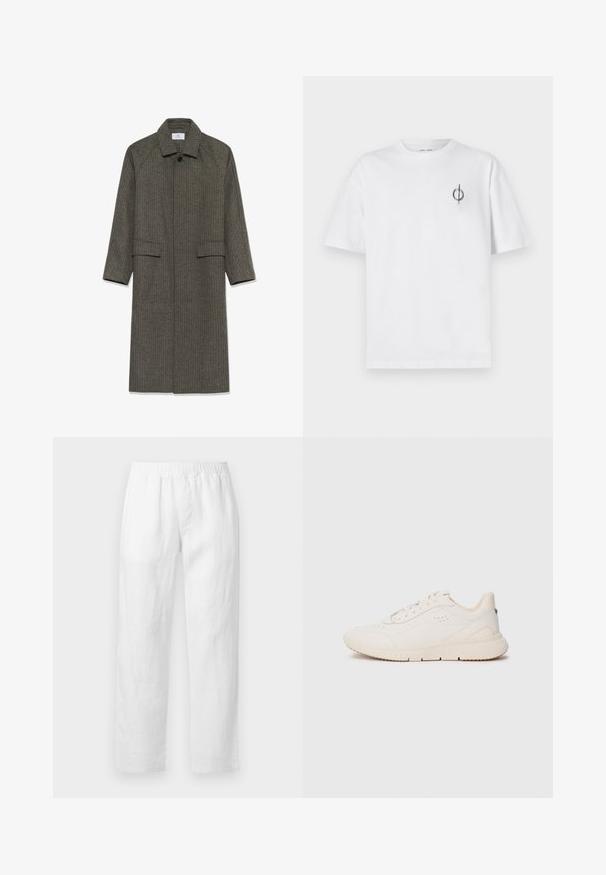 Ilgas, pilkas šuo-žakardo paltas su apykakle, raglan tipo rankovėmis ir dviem priekinių kišenių. Medžiaga turi tekstūruotą paviršių ir sagčių uždarymą ties kaklu.; Balta medvilninė marškinė su laisvu siluetu, su mažą juodą grafiką logotipą kairėje krūtinės pusėje. Trumpomis rankovėmis, apvaliu kaklu.; Baltos lino kelnės su elastiniu liemeniu, tiesių kojų piešiniu ir minkšta tekstūra be matomų raštų ar aparatūros detalių.; Baltos sportinės kedės, pagamintos iš tekstūruoto medžiagos, su lygiu padu, raišteliais priekyje ir subtiliu prekių ženklu ant kulno. Minimalistinis dizainas.