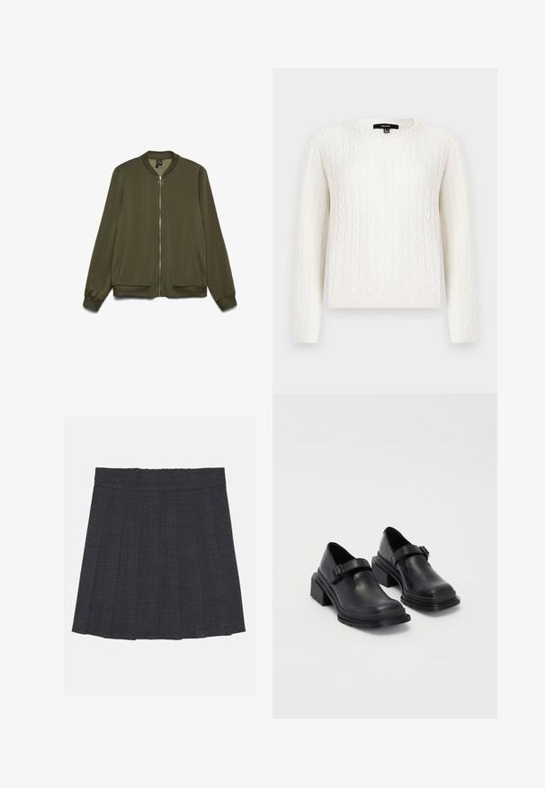 Béžová bombarďácká bunda s předním zipem, žebrovaným límcem a manžetami. Má boční kapsy a hladkou texturu látky.; Bílý svetr s pleteninou, dlouhými rukávy, kulatým výstřihem a dekorativním perlovým akcentem na límci. Měkká textura a přiléhavý design.; Tmavě šedá plisovaná sukně s elastickým pasem, vyrobená z texturované látky a s klasickým A-čkovým střihem. Vhodná pro každodenní nošení.; Černé kožené boty s kulatou špičkou, plochou podrážkou a páskem s detaily s přezkou. Masivní blokový podpatek pro zvýšenou stabilitu.