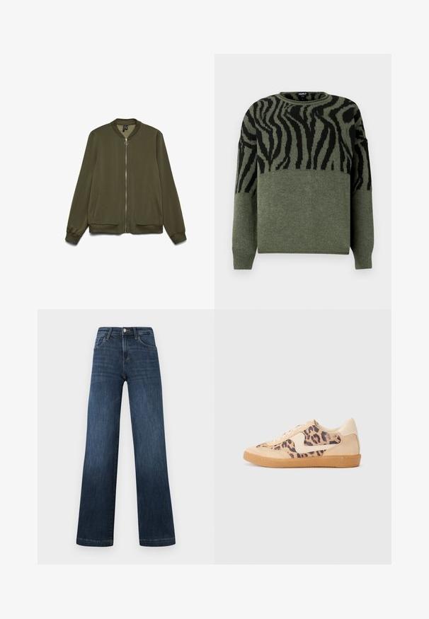 Veste bomber vert olive avec fermeture zip à l'avant, col et poignets côtelés. Elle possède des poches latérales et une texture de tissu lisse.; Pull avec motif zèbre en vert foncé et noir, texture en tricot, col ras du cou, manches longues, présentant un design contrastant sur la section supérieure.; Jean en denim bleu foncé à coupe large, doté de cinq poches et d'une fermeture à bouton sur le devant. Texture lisse et détails de couture classiques.; Baskets en imprimé léopard avec tige en suède beige, semelle en caoutchouc tan et accents blancs. Bout rond et design à lacets avec une finition texturée.