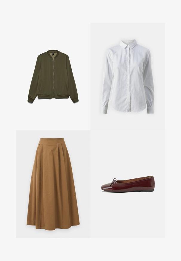 Oliven grøn bomberjakke med frontlynlås, ribbet krage og mansjetter. Den har sidelommer og en glatt stofftekstur.; Hvit skjorte med knapper laget av glatt bomull, med klassisk krage, lange ermer og buet skjær. Knapper er små og hvite.; Brun bomull A-linje skjørt med høy midje, med folder foran og en jevn tekstur. Kantene er rene og enkle.; Burgunderrød lakk lær ballettleilighet med rund tå, liten sløyfe foran og en lav, svart gummisåle. Glatt tekstur.