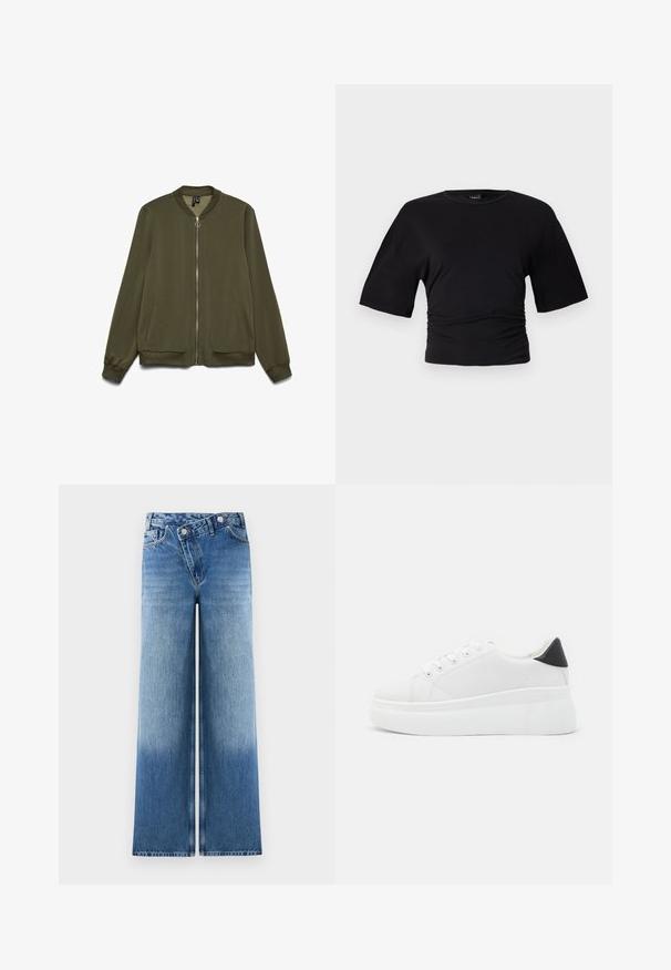Olijfgroene bomberjack met een rits aan de voorkant, geribde kraag en manchetten. Het heeft zijzakken en een gladde stoftextuur.; Gina Tricot SOFT TOUCH RUCHED TEE - T-shirt basic - black; Lichtblauwe wijde jeans met een vervaagde wassing, voorzien van een klassieke vijf-pocketontwerp en metalen knoopaccenten bij de taille.; Witte platform sneakers van glad synthetisch materiaal, met een afgeronde neus, vetersluiting en een gestructureerde rubberen zool. Zwarte hielaccent.