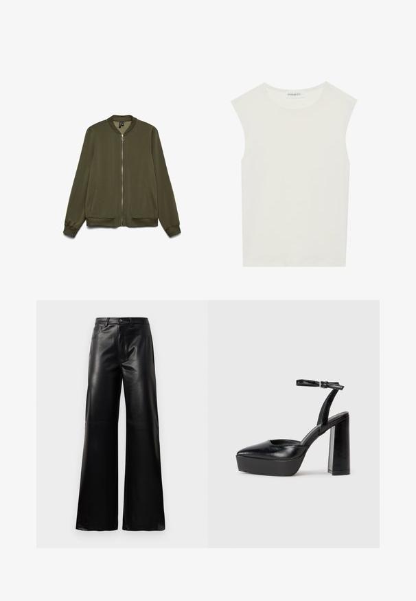 Giacca bomber verde oliva con chiusura frontale a zip, colletto e polsini a costine. Presenta tasche laterali e una texture di tessuto liscia.; Top bianco senza maniche con scollatura rotonda. Realizzato in tessuto liscio, presenta una vestibilità rilassata e un design minimalista. Nessun motivo o accentuazione.; Pantaloni ampi a vita alta in ecopelle neri con bottone frontale, chiusura con zip, passanti per cintura e tasche laterali su sfondo bianco.; Tacchi a piattaforma neri con punta appuntita e cinturino regolabile alla caviglia. Realizzati in pelle liscia, presentano un tacco a blocco spesso.