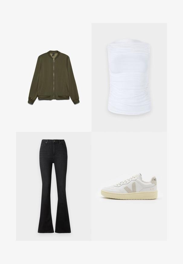 Veste bomber vert olive avec fermeture zip à l'avant, col et poignets côtelés. Elle possède des poches latérales et une texture de tissu lisse.; Top sans manches blanc en tissu lisse et extensible avec des détails froncés sur les côtés, présentant un col rond et une silhouette cintrée.; Jeans noirs évasés en denim, dotés d'une taille haute, de poches avant et d'un design classique à cinq poches avec des boutons en métal.; Baskets blanches en cuir avec des accents en daim beige, boîte à orteils perforée, lacets plats et semelle texturée crème. Présente un logo discret au talon.