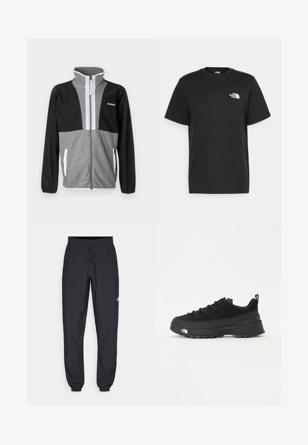 Fleecejakke med høy krage, grå og svart fargeblokker, frontglidelås og hvite detaljer på lommer og glidelås.; Svart bomull t-skjorte med korte ermer, rund hals og en liten hvit logo på venstre bryst. Enkel design, glatt tekstur og avslappet passform.; Sorte idrettsbukser laget av lett stoff, med snor i livet, sidelommer og smale mansjetter ved anklene.; Svart utendørs sneakers med overdel i semsket skinn, teksturert gummisåle og solid snøresystem. Har forsterket hæl og merkevarelogo på siden.