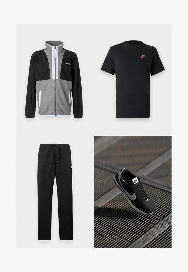 Giacca in pile con collo alto, blocchi di colore grigio e nero, zip frontale e dettagli bianchi su tasche e bordi della zip.; T-shirt in cotone nero con scollatura tonda e maniche corte. Presenta un logo Nike rosa sulla parte superiore sinistra. Texture liscia.; Pantaloni sportivi neri in felpa, dotati di cintura elastica con cordini, due tasche anteriori e un piccolo logo sulla coscia.; Sneaker Nike nera con accenti grigi, materiali in suede e mesh, suola testurizzata, forma affusolata e design classico con lacci.