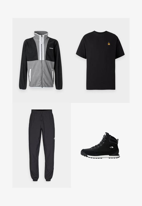 Chaqueta de forro polar con cuello alto, bloques de color gris y negro, cremallera frontal y acentos blancos en los bolsillos y el ribete de la cremallera.; Camiseta de algodón negra con mangas cortas, escote redondo y un pequeño diseño bordado amarillo en la parte izquierda del pecho.; Pantalones deportivos negros hechos de un tejido ligero, con una cinturilla ajustable, bolsillos laterales y puños ajustados en los tobillos.; Bota de senderismo negra con un upper de textil texturizado y ante, ojales de metal y una suela de goma blanca. Cuenta con un collar acolchado para mayor soporte.