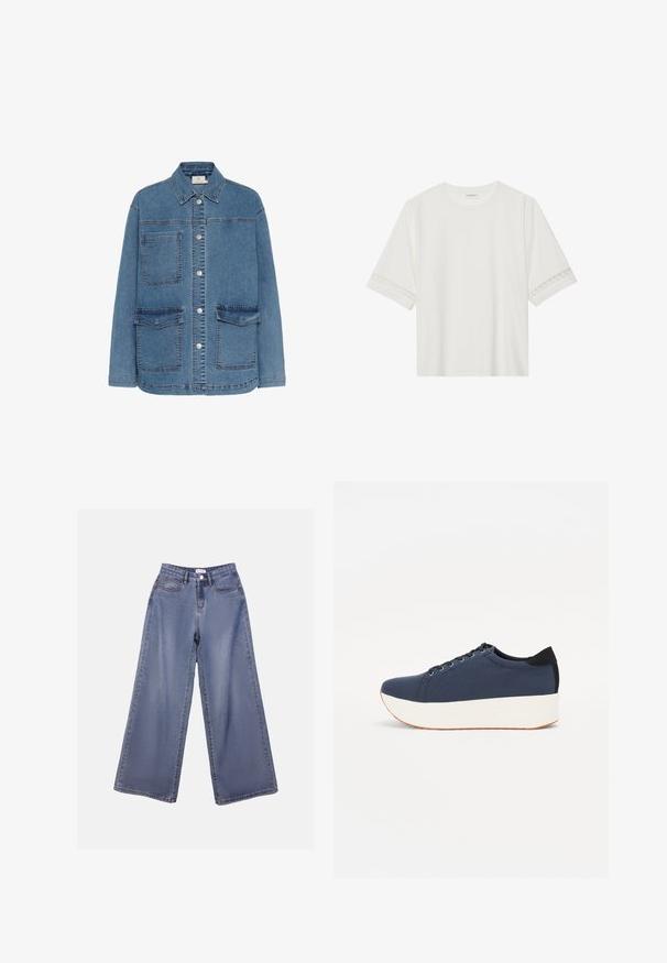 Jaka džinsā gaiši zilā krāsā, ar pogu aizdari priekšā, divām lielām kabatām un klasisku apkakli. Redzami šuvju akcenti.; Balta īsām piedurknēm T-kreklu, izgatavotu no kokvilnas, ar dekoratīvu mežģīņu apdari ap piedurknēm un apaļu kakla izgriezumu.; Platas kājas denima bikses gaiši zils mazgājumā, ar augstu jostasvietu, priekšējām kabatām un pogu aizdari ar jostas cilpiņām.; Navy zilo apavi ar strukturētu auduma augšdaļu, baltu platformas zoli, noapaļotu pirkstu daļu un melnu papēža akcentu. Iekļautas sešas acs caurumi šnuķēšanai.