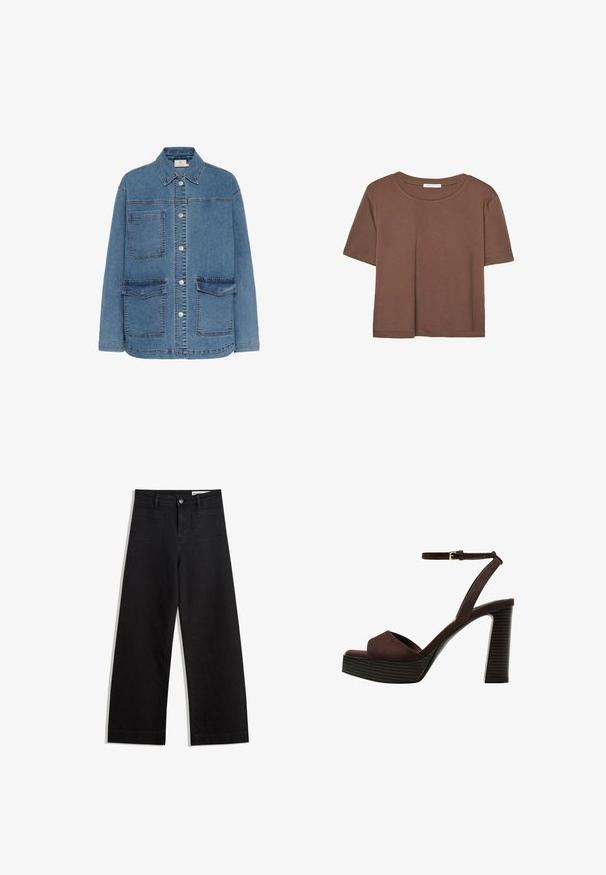 Vaaleansininen farkkutakki, jossa on napillinen etuosa, kaksi suurta etutaskua ja klassinen kaulus. Ompeleet näkyvät selvästi.; Kahvinsävyinen lyhythihainen t-paita, joka on valmistettu pehmeästä kankaasta. Pyöreä pääntie ja rento malli. Ei näkyviä kuvioita tai koristeita.; Mustat leveät farkut korkealla vyötäröllä, joissa on etu- ja takataskut, ommellut saumat ja nappisuljenta. Silkinoinen rakenne.; Ruske kožne sandale s visokom potpeticom, otvorenim prstima, podesivim kopčanjem oko gležnja i prugastim platformskim đonom.