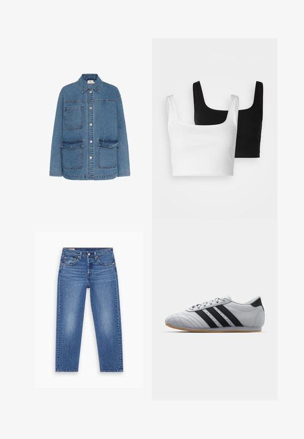 Jachetă din denim de culoare albastru deschis, cu închidere butonată în față, două buzunare mari în față și un guler clasic. Se observă detalii de cusătură.; Even&Odd 2 PACK - Top - black/white; Jeanși albaștri cu talie înaltă, drepți, cu buton frontal, zipper și design cu cinci buzunare, expuși plat pe un fundal alb.; Pantofi sport gri cu un finisaj din piele netedă, având trei dungi negre, vârf rotunjit și o talpă din cauciuc natural.