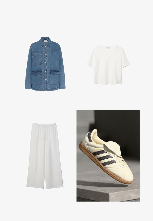 Jeans jakna v svetlo modri barvi, z gumbastim zapiranjem spredaj, dvema velikima sprednjima žepoma in klasičnim ovratnikom. Vidni so šivi.; Bela kratka majica s kratkimi rokavi iz bombaža. Ima okroglo izrezovanje in sproščen kroj. Gladka tekstura brez vidnih vzorcev ali poudarkov.; Bele široke hlače iz lahkega materiala, ki imajo elastičen pas in vrvico za prilagajanje. Gladka tekstura.; Kremne usnjene superge s tremi temnimi črtami, rjavim gumjastim podplatom in zaobljenim nosom. Imajo zložljiv jezik z oznako "SAMBA."