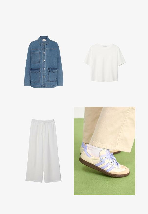 Vaaleansininen farkkutakki, jossa on napillinen etuosa, kaksi suurta etutaskua ja klassinen kaulus. Ompeleet näkyvät selvästi.; Valkoinen lyhythihainen T-paita, joka on tehty puuvillasta. Siinä on pyöreä kaula-aukko ja rento malli. Silkkinen pinta ilman näkyviä kuvioita tai koristeita.; Valkoiset leveälahkeiset housut, jotka on valmistettu kevyestä kankaasta. Niissä on joustava vyötärö ja nauha säädettävää istuvuutta varten. Sileä pinta.; Kermasilta ja laventelilta näyttävät lenkkarit kolmella raidalla ja teksturoidulla ruskealla pohjalla, varustettuna nauhoilla ja pehmustetulla kantapäällä. Pehmeä kangaspinta.