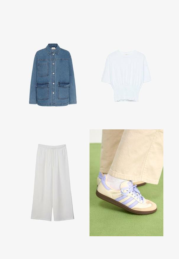 Vaaleansininen farkkutakki, jossa on napillinen etuosa, kaksi suurta etutaskua ja klassinen kaulus. Ompeleet näkyvät selvästi.; Valkoinen lyhythihainen t-paita, jossa on rento leikkaus ja frillattu tekstuuri vyötäröllä. Valmistettu pehmeästä, kevyestä kankaasta.; Valkoiset leveälahkeiset housut, jotka on valmistettu kevyestä kankaasta. Niissä on joustava vyötärö ja nauha säädettävää istuvuutta varten. Sileä pinta.; Kermasilta ja laventelilta näyttävät lenkkarit kolmella raidalla ja teksturoidulla ruskealla pohjalla, varustettuna nauhoilla ja pehmustetulla kantapäällä. Pehmeä kangaspinta.