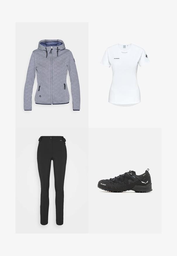 Giubbotto con cappuccio a motivi blu e bianchi. Presenta un design geometrico, chiusura con zip, due tasche laterali e lacci regolabili.; Maglietta atletica bianca a maniche corte con colletto rotondo, dotata di un logo sul petto e una texture di tessuto liscia e leggera.; Pantaloni neri aderenti realizzati in materiale flessibile. Presentano una tasca laterale con zip, ginocchia articolate e una texture liscia.; Scarpe da trekking nere con tomaia in tessuto testurizzato, sistema di allacciatura e suola in gomma robusta. Accentuate da dettagli riflettenti e loghi.