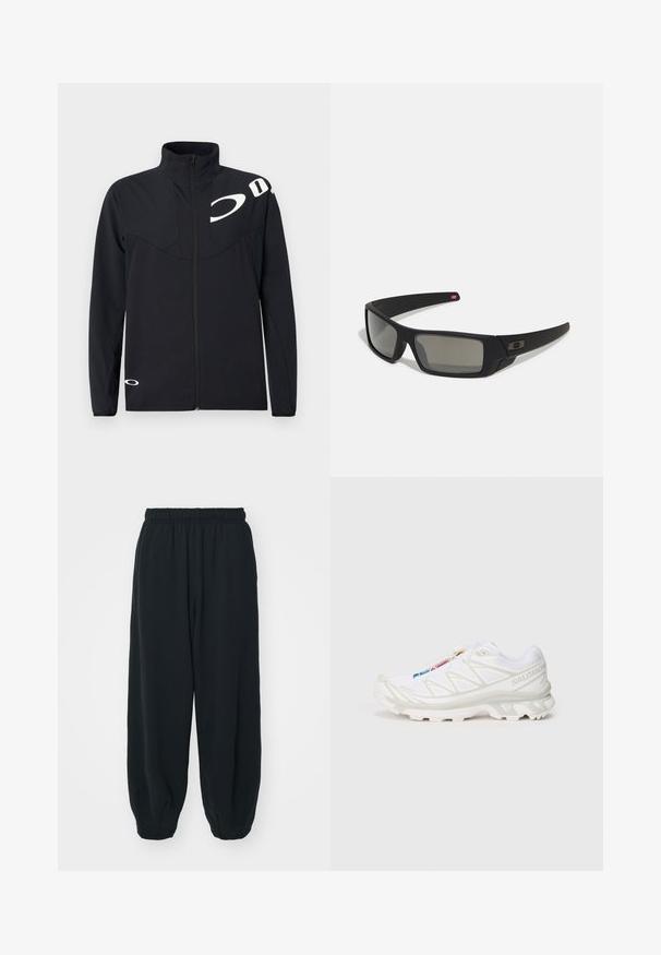 Oakley ENHANCE TECH JACKET - Ljetna jakna - blackout; Crna majica s kapuljačom od pamuka, s okruglim izrezom, dugim rukavima i malim bijelim Nike logotipom na gornjem lijevom dijelu prsa.; Crne, dukserice s elastičnim strukom, širokog kroja, s manžetama na gležnjevima, glatke teksture i bez vidljivih uzoraka ili metalnih detalja.; Bijela atletska obuća s teksturiranim mrežastim gornjim dijelom, reflektirajućim detaljima i podstavljenim potplatom. Značajan logo brenda sa strane.; Crne sunčane naočale s mat površinom, pravokutnim staklima, blagim zakrivljenjima na sljepoočnicama, suptilnim logotipom i dimnim staklima.