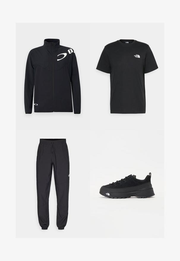 Oakley ENHANCE TECH JACKET - Vasaras jaka - blackout; Melna kokvilnas T-krekls ar īsām piedurknēm, apaļu kakla izgriezumu un mazu balto logotipu kreisajā krūtīs. Vienkāršs dizains, gluda tekstūra un brīvs piegriezums.; Melni sporta bikses, kas izgatavotas no viegla auduma, ar savelcamu jostu, sānu kabatām un sašaurinātiem apakšējiem galiem pie potītēm.; Melni āra sporta apavi ar zamšādas virsu, teksturētu gumijas zoli un izturīgu auklu sistēmu. Iezīmēts ar pastiprinātu papēdi un zīmola logo sānu daļā.