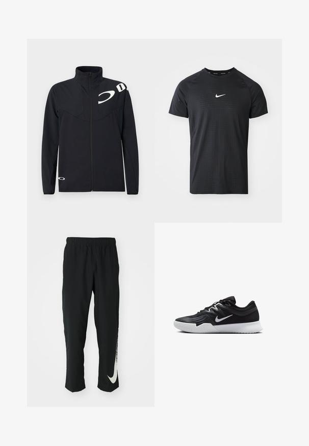 Oakley ENHANCE TECH JACKET - Summer jacket - blackout; Black athletic T-shirt made of fabric with a textured pattern. Features short sleeves and a white Nike logo on the chest.; Black athletic pants with elastic waistband, tapering design, featuring a large white Nike logo on the left leg. Soft, lightweight fabric.; Black athletic shoe with a textured upper, white Nike swoosh, and a white rubber outsole. Features a lace-up design and dynamic shape.