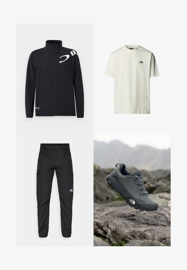 Oakley ENHANCE TECH JACKET - Lehká bunda - blackout; Bavlněné tričko v krémové barvě s krátkým rukávem, kulatým výstřihem a malým černým potiskem loga na levém hrudníku. Hladká textura.; The North Face HORIZON PANT - Outdoorové kalhoty - black; Šedá trailová běžecká bota s texturovaným svrškem, odolnou gumovou podrážkou a vyztuženou špičkou. Obsahuje tkaničky a logo značky na straně.