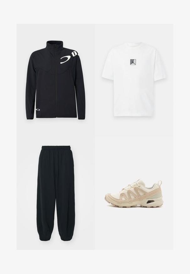 Oakley ENHANCE TECH JACKET - Let jakke / Sommerjakker - blackout; Hvid bomulds t-shirt med et centralt sort og gråt logo grafik. Klassisk crew neckline og kortærmer med en afslappet pasform.; Sorte svedbukser med elastisk talje, løs pasform, afsluttede ankler, glat tekstur og uden synlige mønstre eller hardware-detaljer.; Beige og creme atletiksko med struktureret mesh-overdel, støttende overlays og gummiyderside med et mønster for trækkraft.