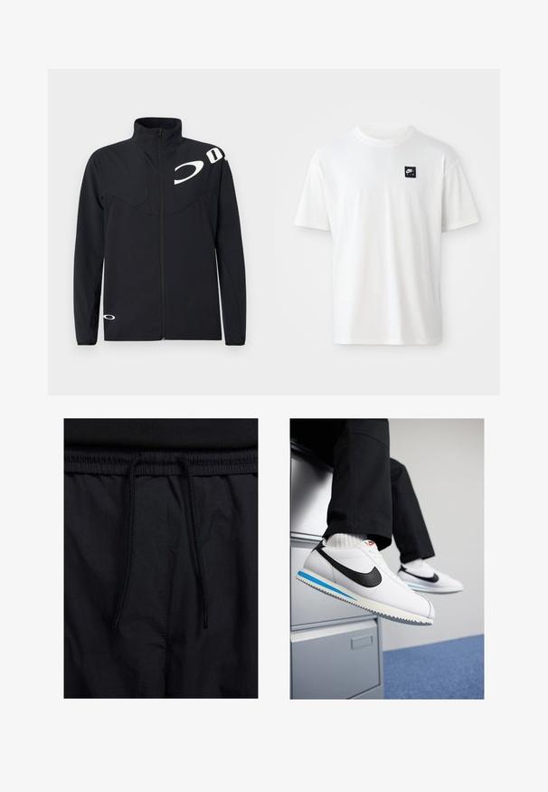 Oakley ENHANCE TECH JACKET - Ljetna jakna - blackout; Bijela pamučna majica s kratkim rukavima i okruglim izrezom; sadrži mali crni pravokutni Nike Air logo na lijevoj strani prsnog koša.; Crne kratke hlače s pojasom na vezanje, lagani materijal s glatkom teksturom i jednostavan dizajn bez vidljivih logotipa ili uzoraka.; Bijele kožne tenisice s crnim Nike logotipom, svijetloplavi i sivi gumeni potplat te klasičan dizajn vezanja. Noge su naslonjene na ormar.