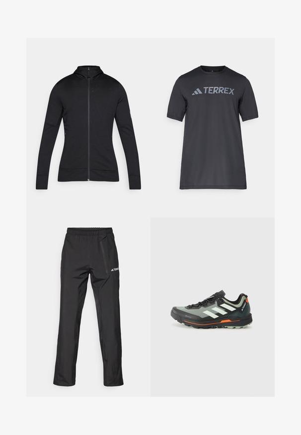 Crna jakna na zatvaranje s visokim ovratnikom, dugim rukavima i glatkom teksturom. Ima minimalistički dizajn i reflektirajuće akcentne detalje.; Crna majica kratkih rukava od lagane tkanine, koja ima svijetlosivu oznaku "TERREX" preko prsa i okrugli izrez.; Crne lagane vanjske hlače s elastičnim pojasom, džepovima na patentni zatvarač i otiskom logotipa. Glatka tekstura i kroj ravnih nogavica.; Lagana trail trkačka cipela s gornjim dijelom od sive i crne mrežice, narančastim akcentima i robusnom potplatom za prianjanje. Vodootporna Gore-Tex podstava.