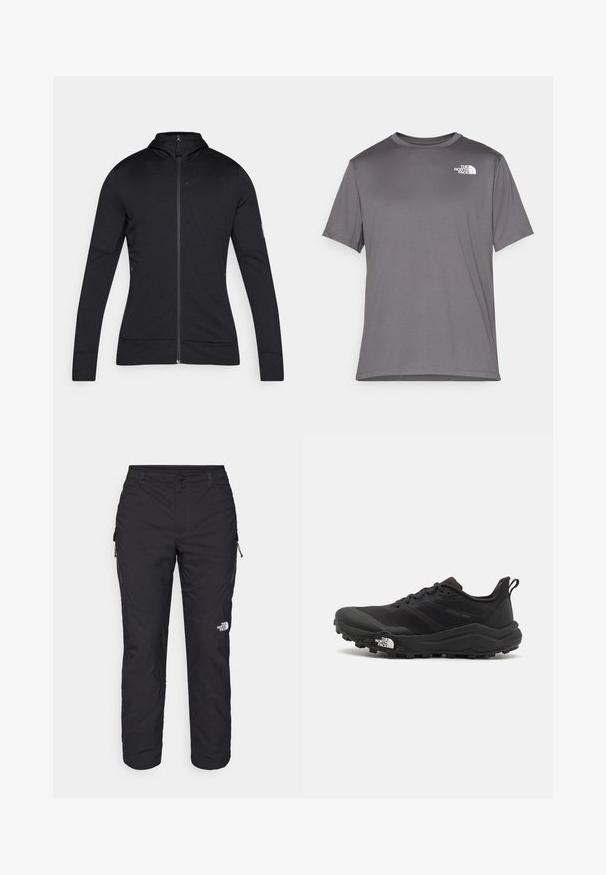 Μαύρο μπουφάν με φερμουάρ, ψηλό γιακά, μακριά μανίκια και λεία υφή. Διαθέτει μινιμαλιστικό σχέδιο και ανακλαστικές λεπτομέρειες.; Γκρι κοντομάνικο αθλητικό μπλουζάκι φτιαγμένο από λεία, ελαφριά ύφασμα. Διαθέτει άσπρο λογότυπο στην αριστερή περιοχή του στήθους. Στρογγυλή σχεδίαση στο λαιμό.; The North Face WINTER EXPLORATION TAPERED CARGO - Παντελόνι εξωτερικού χώρου - black; Μαύρο αθλητικό παπούτσι τρεξίματος με υφασμάτινο άνω μέρος, καουτσούκ σόλα και ενισχυμένη μύτη. Διαθέτει επενδεδυμένο κολάρο και θηλιά στα πίσω για εύκολη φορεσιά.