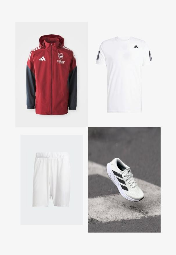 Rode en marineblauwe sportjas met een capuchon, met het Arsenal-logo en de tekst "Emirates Fly Better", gemaakt van glad, lichtgewicht materiaal.; Witte T-shirt van stof met korte mouwen, ronde hals en drie zwarte diagonale strepen op elke mouw. Subtiel logo op de borst.; Witte sportshorts van lichtgewicht stof, met een elastische tailleband, een gladde textuur en een knielengte.; Witte sportschoen met een textuur van mesh, zwarte strepen, vetersluiting en een gevoerde zool, zwevend boven een gemarkeerd wegoppervlak.