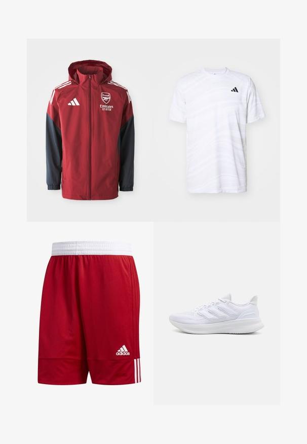 Chaqueta deportiva en rojo y azul marino con capucha, que presenta el logo de Arsenal y el texto "Emirates Fly Better", fabricada con material suave y ligero.; Camiseta deportiva blanca con un patrón de olas sutil, cuello redondo, mangas cortas y un logotipo de tres rayas negras en el lado izquierdo del pecho.; Pantalones cortos deportivos rojos de tejido de red, con una cintura elástica blanca, tres franjas blancas en los laterales y un logo de Adidas en el dobladillo.; Zapatillas deportivas blancas con una parte superior de malla texturizada, suela acolchada y soporte, y un diseño de tres rayas en el lateral.