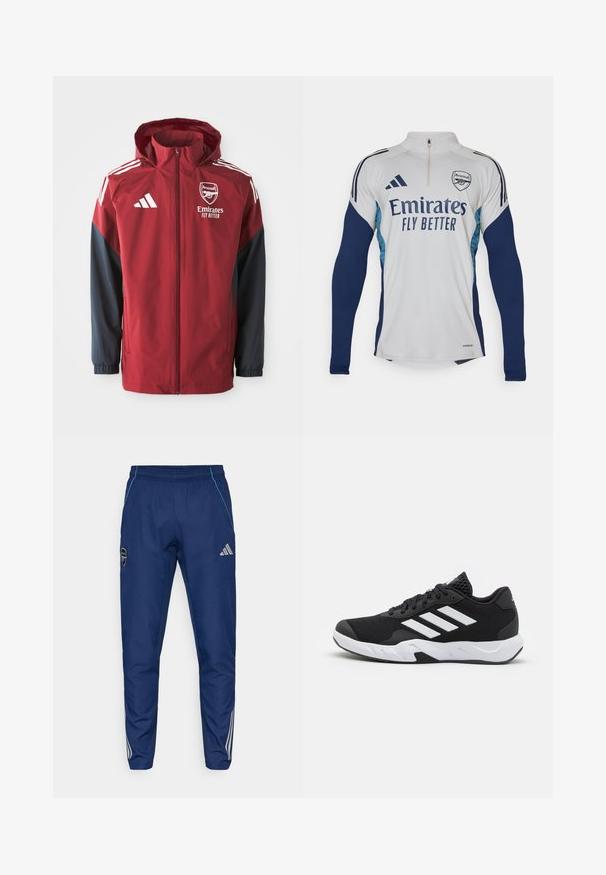 Red and navy athletic jacket with a hood, featuring the Arsenal logo and "Emirates Fly Better" text, made of smooth, lightweight material.; White long-sleeve jersey with navy blue accents, half-zip neckline, featuring "Emirates Fly Better" logo and Arsenal club crest.; Navy jogger pants made from lightweight fabric, featuring a blue accent, logo patch, and three white stripes along the lower legs.; Black athletic shoes with a textured mesh upper, white accent stripes, a cushioned sole, and a reinforced heel for support.