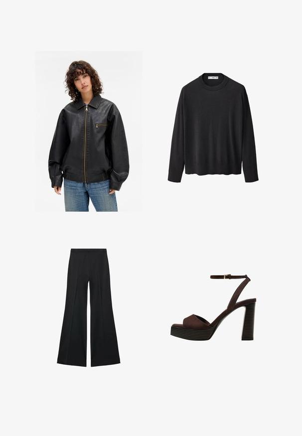Black leather bomber jacket with a front zipper, side pockets, and brown stitching accents. Features a wide collar and relaxed fit.; Black knitted sweater with a ribbed crew neckline, long sleeves, and a straight hem. Soft texture, minimalistic design, and versatile style.; Black wide-leg pants with a smooth texture, featuring front pleats and a tailored design. The fabric is lightweight and flowy.; Brown suede high-heeled sandal with an open toe, adjustable ankle strap, and a striped platform sole.