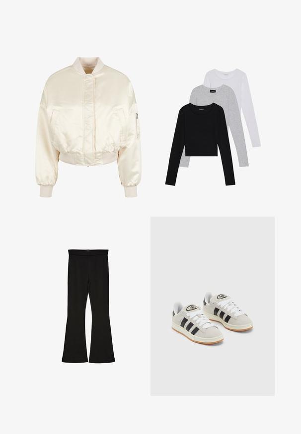 Cream satin bomber jacket with a quilted design, ribbed cuffs, and waistband, featuring two front pockets and a zip pocket on the sleeve.; Three long-sleeve tops stacked: black, grey, and white. Each has a round neckline and a cropped design with smooth, lightweight fabric.; Black flare leggings made from stretchy fabric. Features a wide waistband and a smooth texture, with a fitted silhouette that flares at the hem.; Gray suede sneakers with white laces, black stripes, and a white rubber sole. Features a circular logo on the tongue and a gum sole.