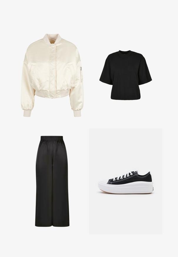Krémová saténová bomber bunda s prošívaným designem, ribbed manžetami a pasem, obsahující dvě přední kapsy a zipovou kapsu na rukávu.; Černé zkrácené tričko vyrobené z bavlny. Má krátké rukávy a kulatý výstřih. Hladký povrch s jednoduchým designem, bez dalších vzorů.; Černé široké kalhoty vyrobené z hladké, lesklé látky, s elastickým pasem bez viditelných kapes nebo kovových detailů.; Černé plátěné tenisky s bílými tkaničkami, bílým gumovým špičkovým krytem a masivní bílou střední podrážkou. Mají jemné bílé švy a gumovou podešev.