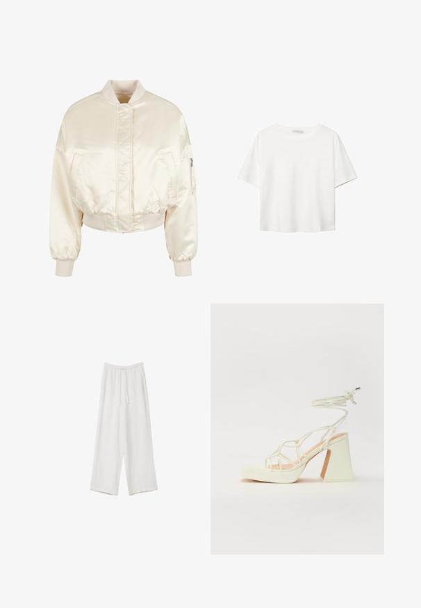 Crème satijnen bomberjack met een gequilt ontwerp, geribde manchetten en tailleband, voorzien van twee voorzakken en een ritszak op de mouw.; Witte korte mouwen t-shirt van katoen. Heeft een ronde halslijn en een ontspannen pasvorm. Glad textuur zonder zichtbare patronen of accenten.; Witte wijde broek gemaakt van een lichte stof. Voorzien van een elastische tailleband met een trekkoord en zijzakken. Zachte textuur.; Witte hoge hakken sandaal met een chunky hak, met een bandjesontwerp en enkelband. Gladde textuur met een plateau voor extra hoogte.
