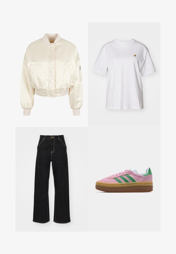 Cream satin bomber jacket with a quilted design, ribbed cuffs, and waistband, featuring two front pockets and a zip pocket on the sleeve.; White cotton t-shirt with a relaxed fit, short sleeves, and a small embroidered logo on the left chest area.; Black wide-leg jeans made of denim, featuring contrasting white stitching and a front button closure, with two angled front pockets.; Pink suede sneakers with green stripes, white accents, and a brown rubber sole. Features textured fabric and logo detailing on the side.