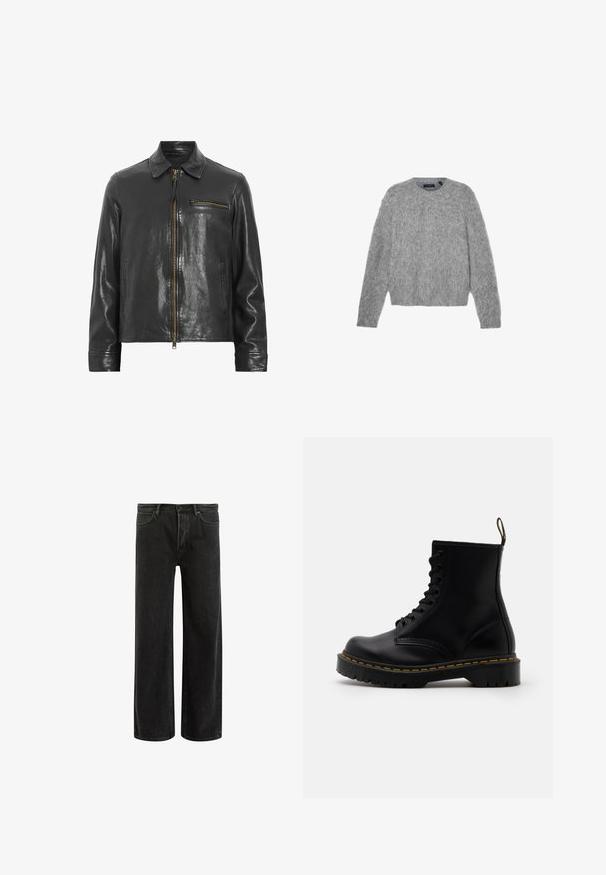 Melnas ādas jaka ar rāvējslēdzēju priekšpusē, apkakli un sānu kabatu. Piederīgā spīdīga tekstūra un zelta aksesuāri.; Pelēks, garām piedurknēm dzemperis, izgatavots no pūkaina materiāla, ar apaļu kakla izgriezumu un īsu piegriezumu. Gluda tekstūra ar mīkstu, vieglu izskatu.; Zaļš kokvilnas T-krekls ar īsām piedurknēm, ribināta apļa kakla izgriezums un izbrošēts Nike logotips uz krūtīm. Gluda tekstūra un brīvs piegriezums.; Melnas denima platleņķa džinsi ar augstu jostasvietu, izceļoties ar klasisko piecu kabatu dizainu un maigu izbalējumu, radot teksturētu izskatu.; Melnas ādas potītes zābaki ar auklām, dzeltenā šuvē, noapaļots purngals un bieza, teksturēta gumijas zole.